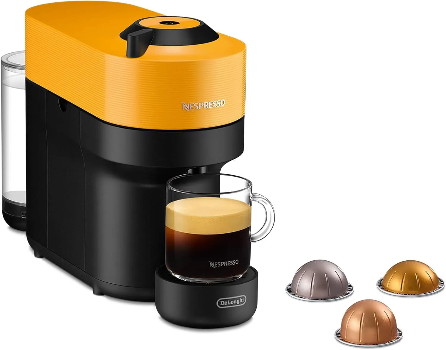 Bild von Nespresso De'Longhi ENV90.Y Vertuo Pop Kaffeekapselmaschine in Mango Yellow mit 4 Tassengrößen und Willkommens-Paket