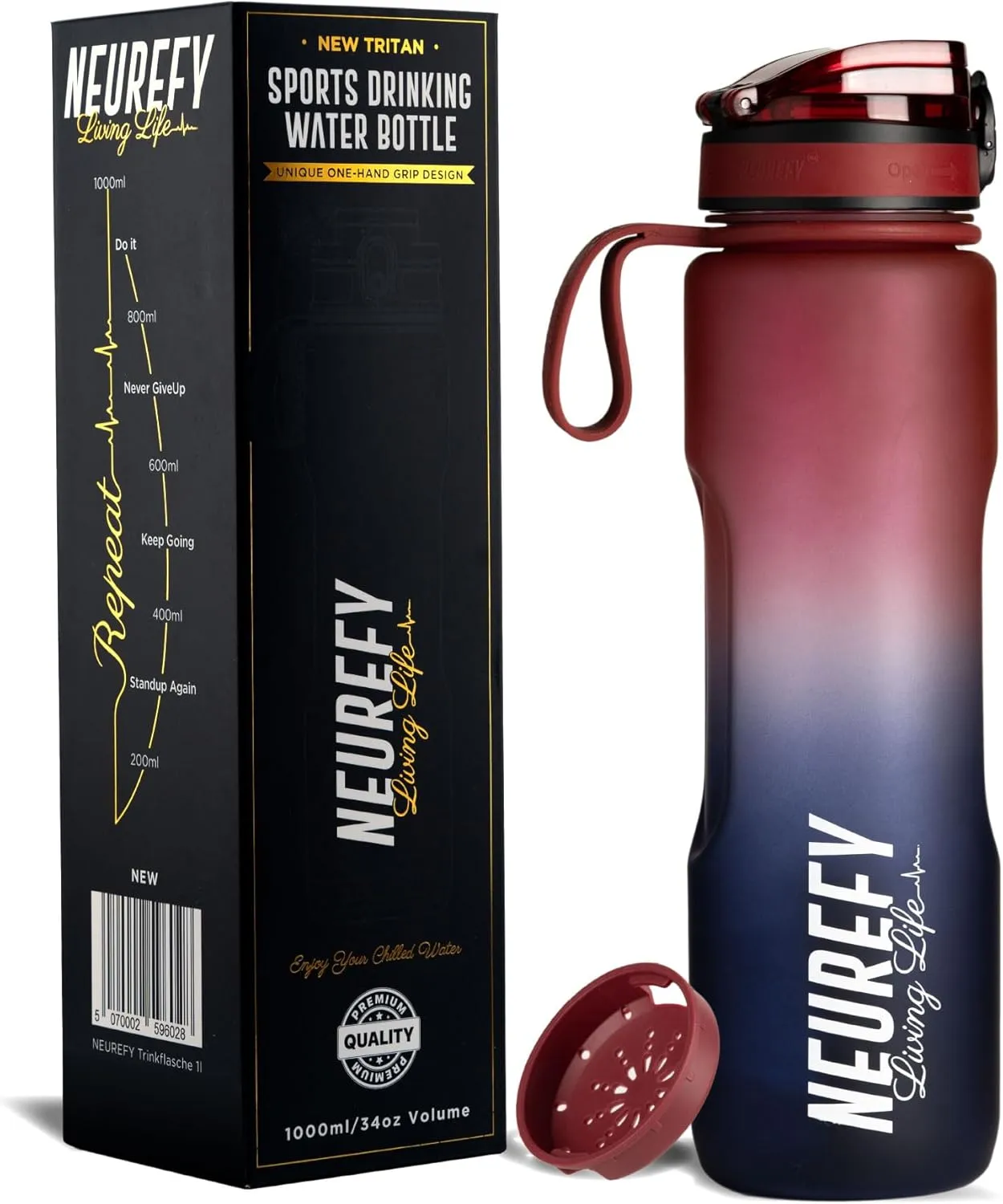 Bild von NEUREFY 1L Tritan Trinkflasche in Rot und Blau, auslaufsicher, BPA-frei mit Trinkmengenanzeige und Sieb, ideal für Sport und Alltag