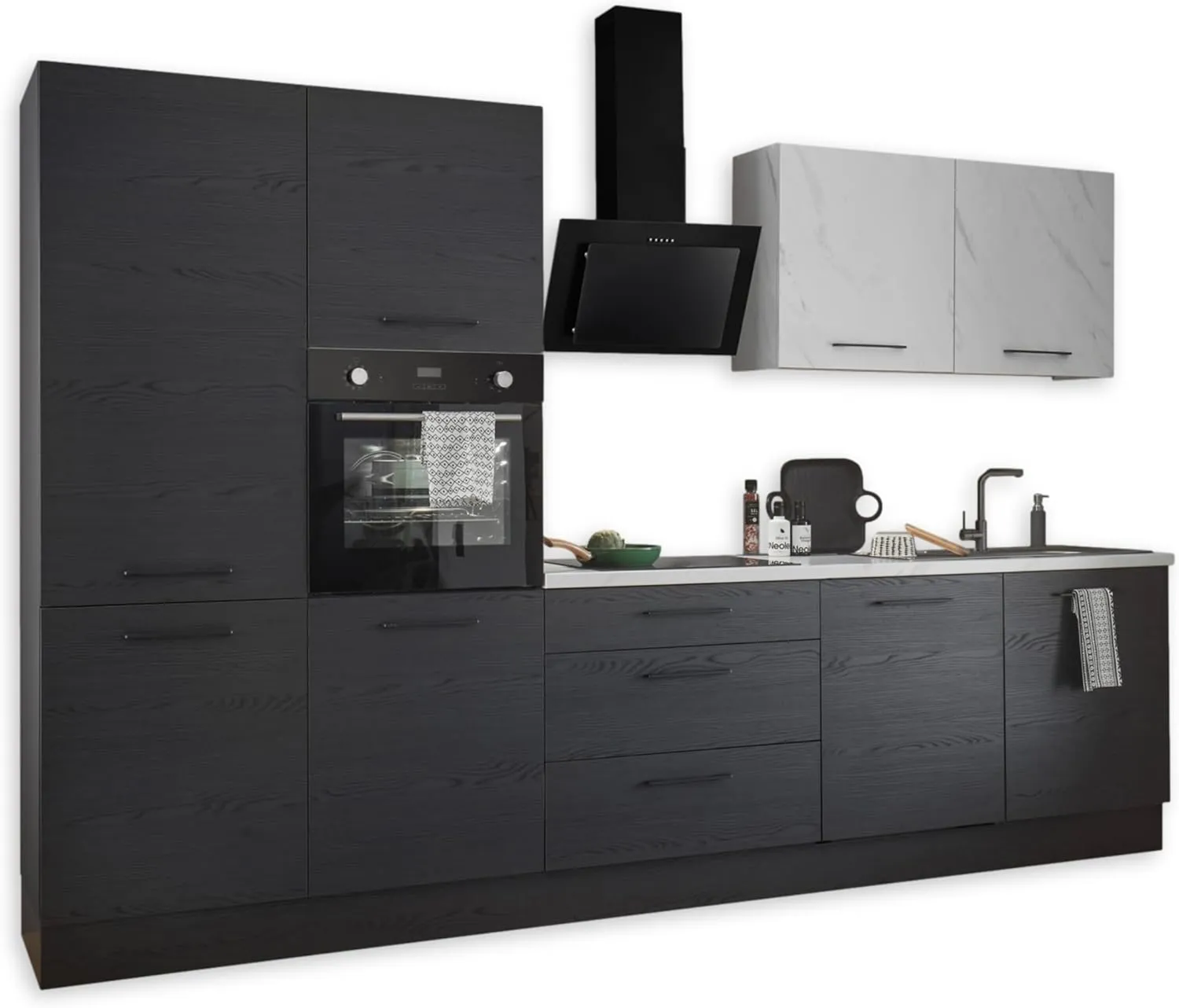 Bild von NEW YORK Moderne Küchenzeile in Graphit Schwarz mit Marmor Optik, FSC-zertifiziert, 320 x 210 x 60 cm