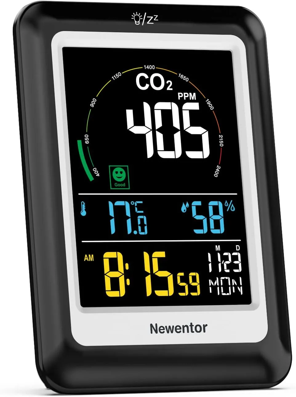 Bild von Newentor CO2 Messgerät mit 4 Konzentrationsstufen, Alarm und Lüftungsempfehlungen, batteriebetrieben und mit USB-Anschluss