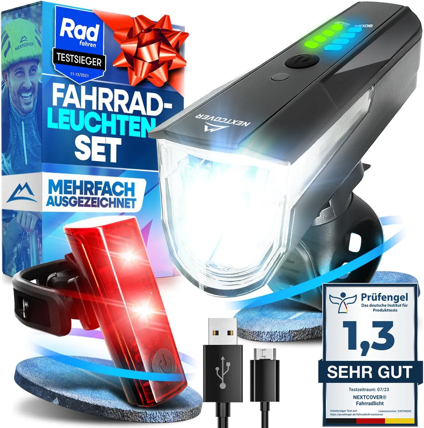 Bild von NEXTCOVER Fahrradlicht Set mit LightSense Sensor, 11 Stunden Akkulaufzeit, USB aufladbar und wasserdicht, StVZO zugelassen
