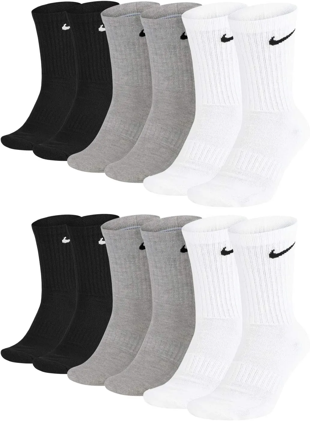 Bild von Nike Everyday Cushioned Crew Socken im 6er Pack, Größe 42 bis 46, Modell SX7664 in Grau, Weiß und Schwarz