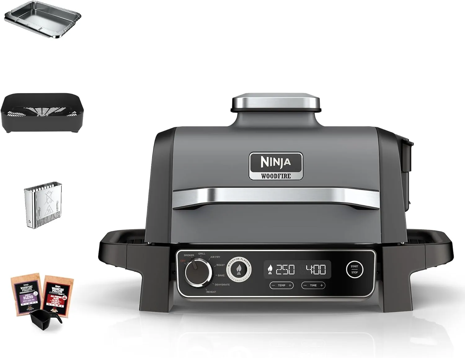 Bild von Ninja OG701EU Woodfire Elektrogrill 7-in-1 für Outdoor mit Smoker und Heißluftfritteuse, tragbar und wetterfest in Grau und Schwarz