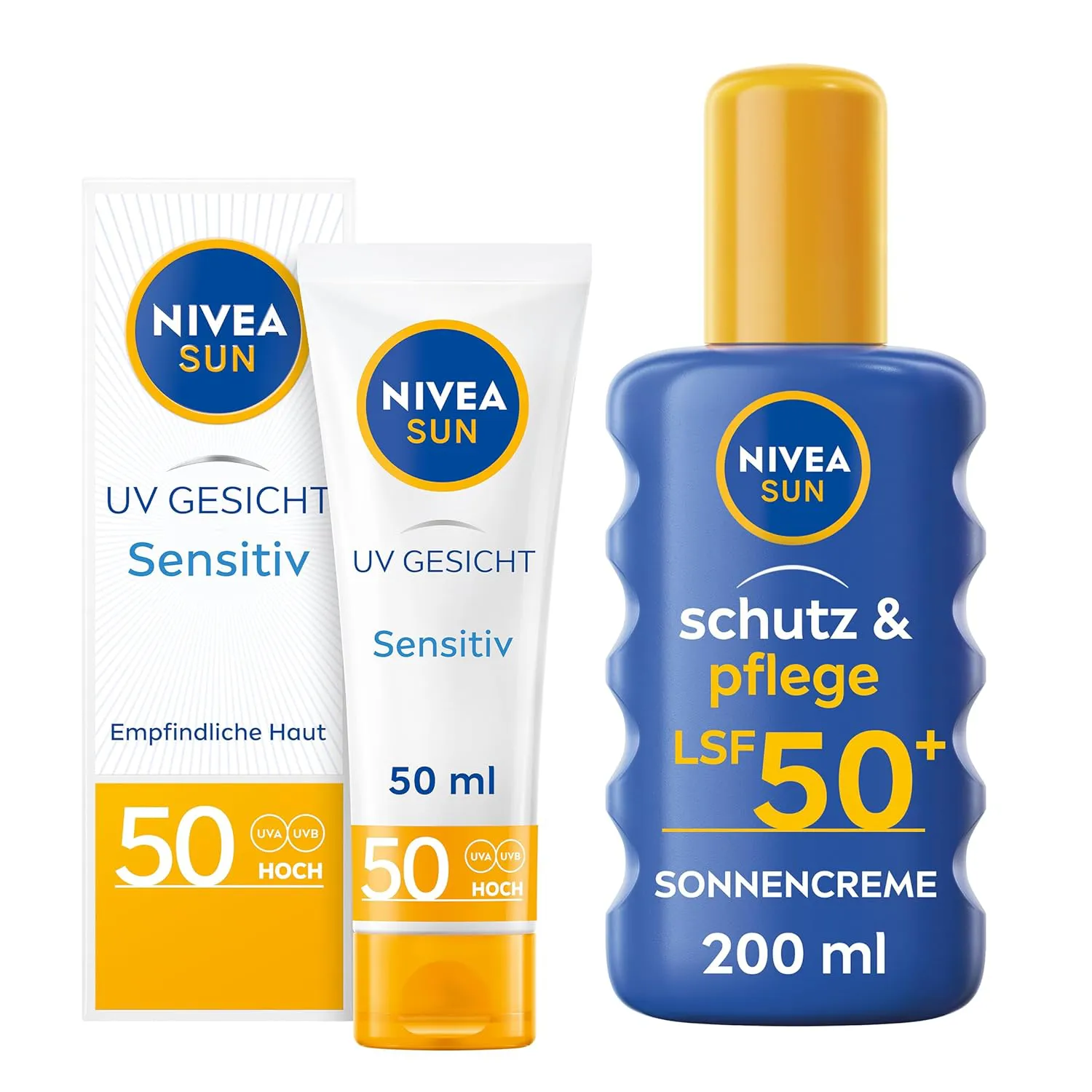 Bild von NIVEA SUN Set mit UV Gesichtssonnenschutz LSF 50 und Sonnencreme Spray LSF 50+ parfümfrei und wasserfest