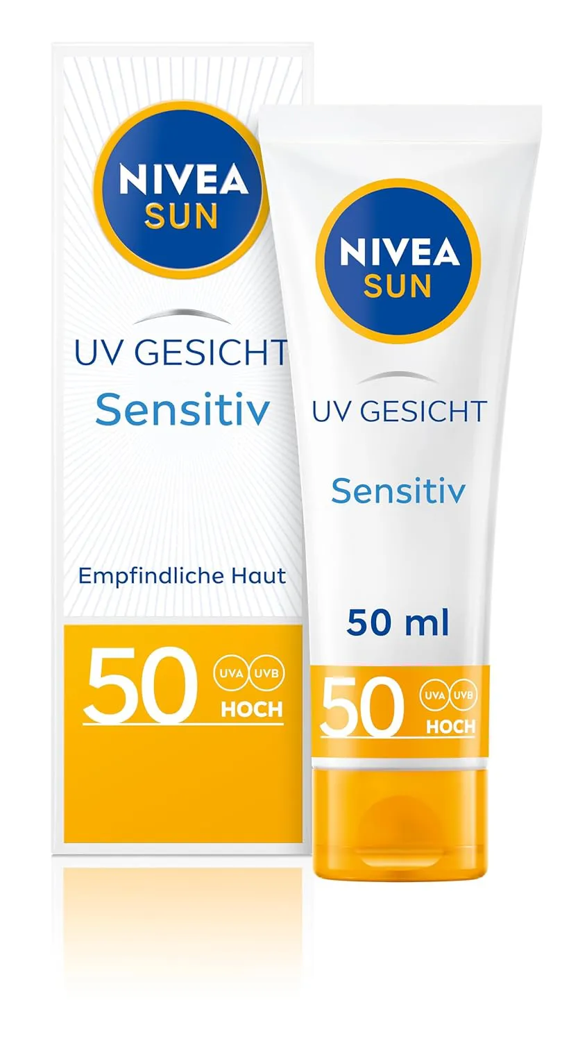 Bild von NIVEA SUN UV Gesicht Sensitiv Sonnenschutz LSF 50 mit 50 ml für empfindliche Haut, parfumfrei und sofort wirksam