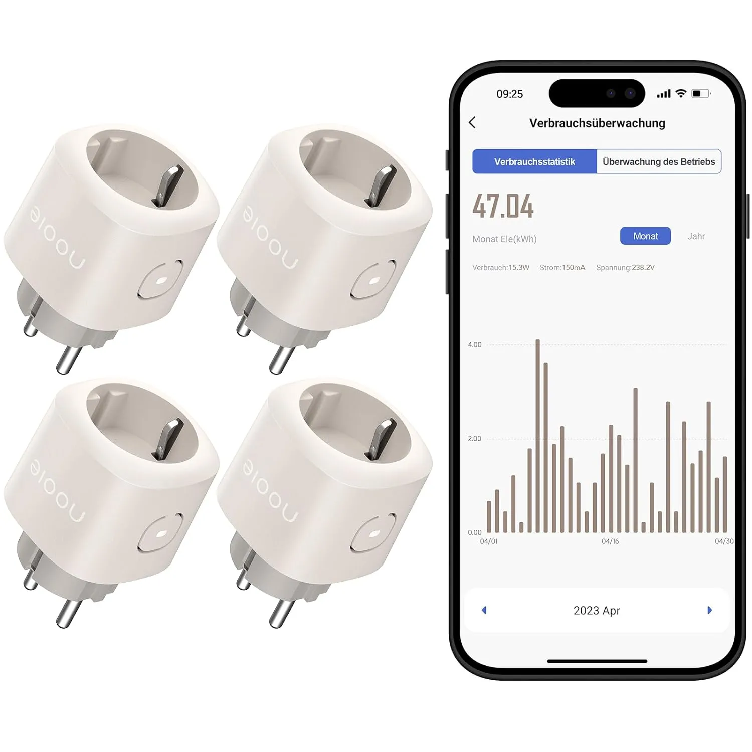 Bild von Nooie 4er Pack WLAN Steckdosen mit Strommessung, kompatibel mit Alexa und Smart Life, inklusive Zeitschaltuhr, nur 2.4 GHz