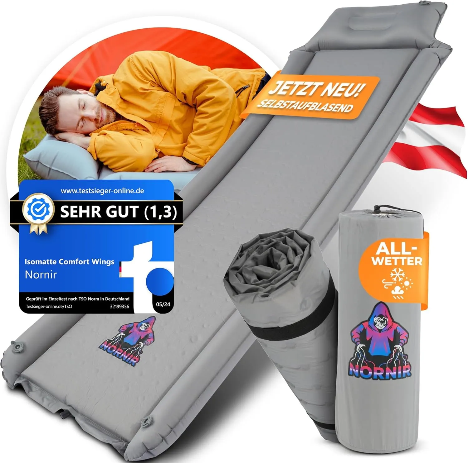 Bild von Nornir Comfort Wings selbstaufblasende Isomatte mit 5 cm dickem Memory Foam, wasserabweisend, ideal für Camping und Festivals