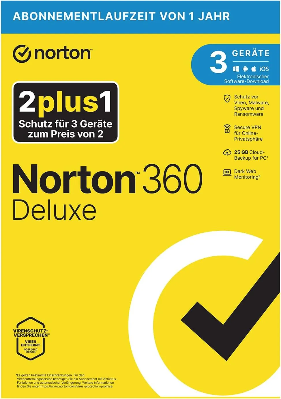 Bild von Norton 360 Deluxe 2024 2 plus 1 Edition für 3 Geräte mit Antivirus und Secure VPN, 1 Jahr gültig, inklusive Passwortmanager