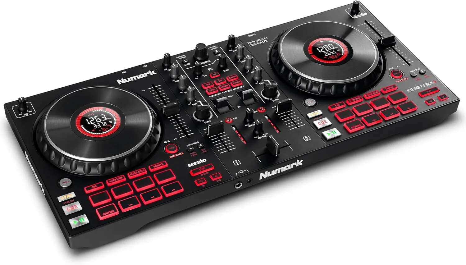 Bild von Numark Mixtrack Platinum FX DJ Controller mit 4-Deck Kontrolle, integriertem Audio Interface und Jogwheel-Displays