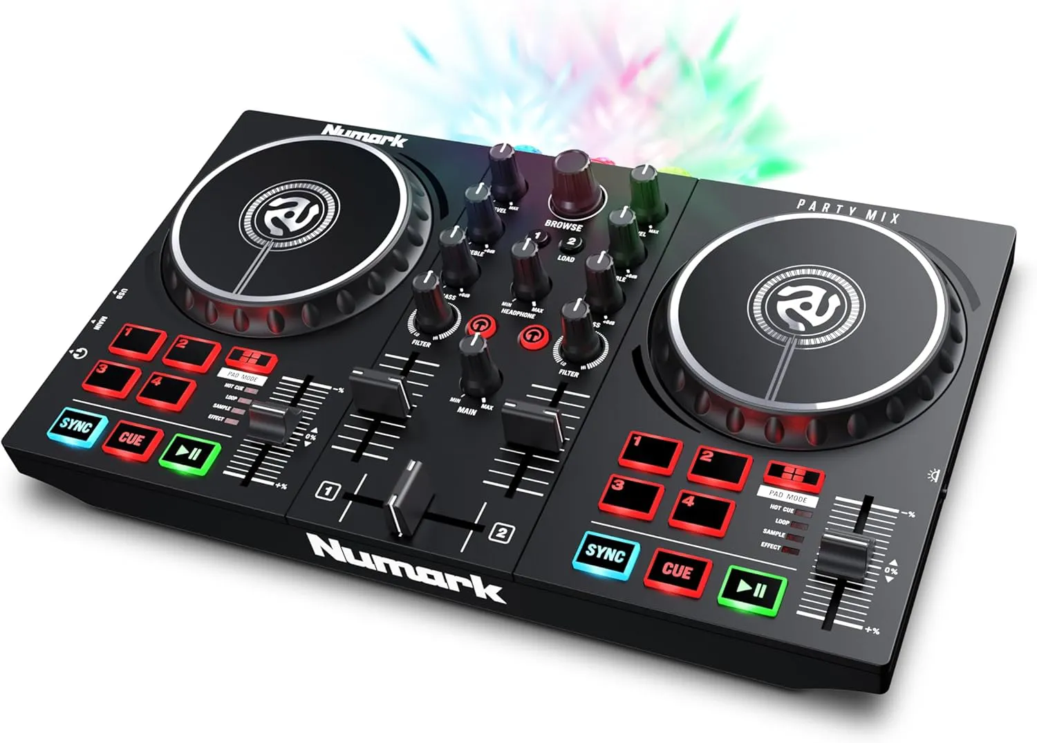 Bild von Numark Party Mix II DJ Controller mit 2 Decks und eingebauten Lichtern, unterstützt Streaming von TIDAL und SoundCloud
