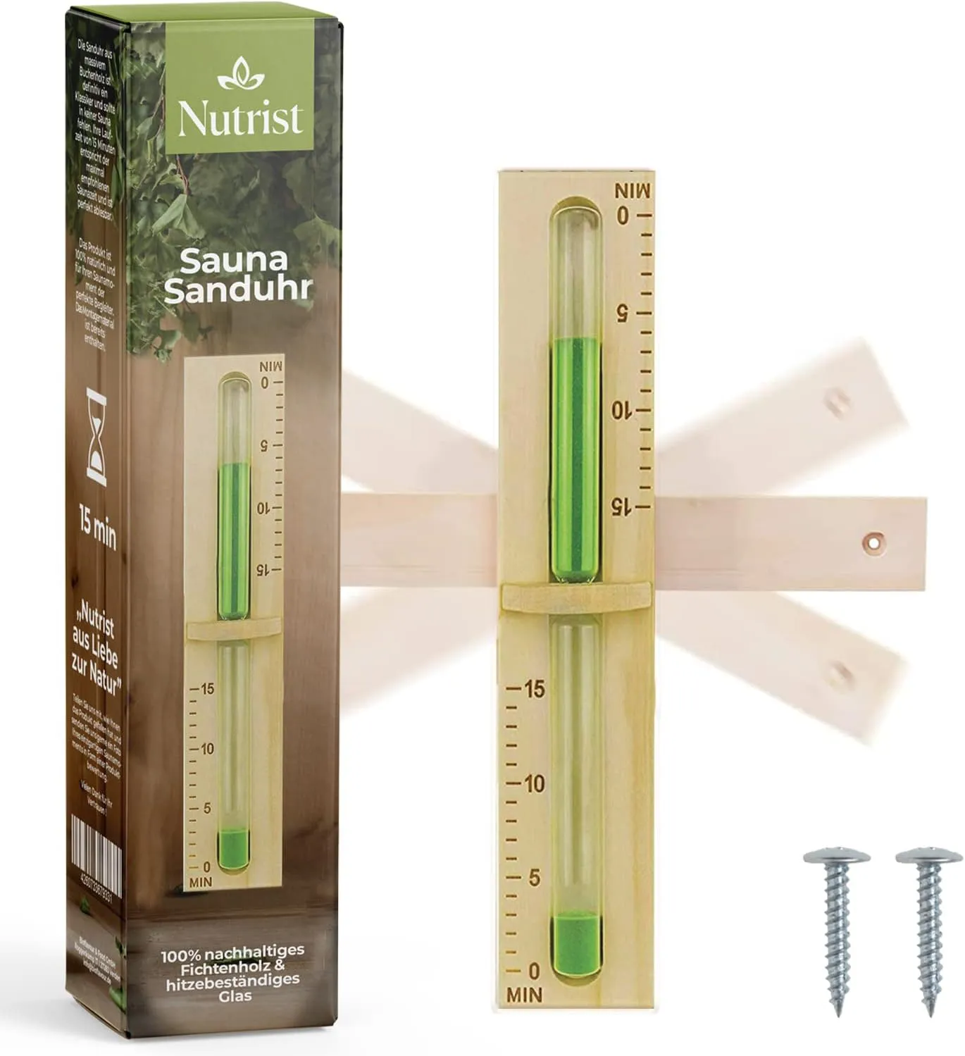 Bild von Nutrist Sauna Sanduhr für 15 Minuten aus nachhaltiger Forstwirtschaft mit grünem Natursand und robustem hitzebeständigem Glas