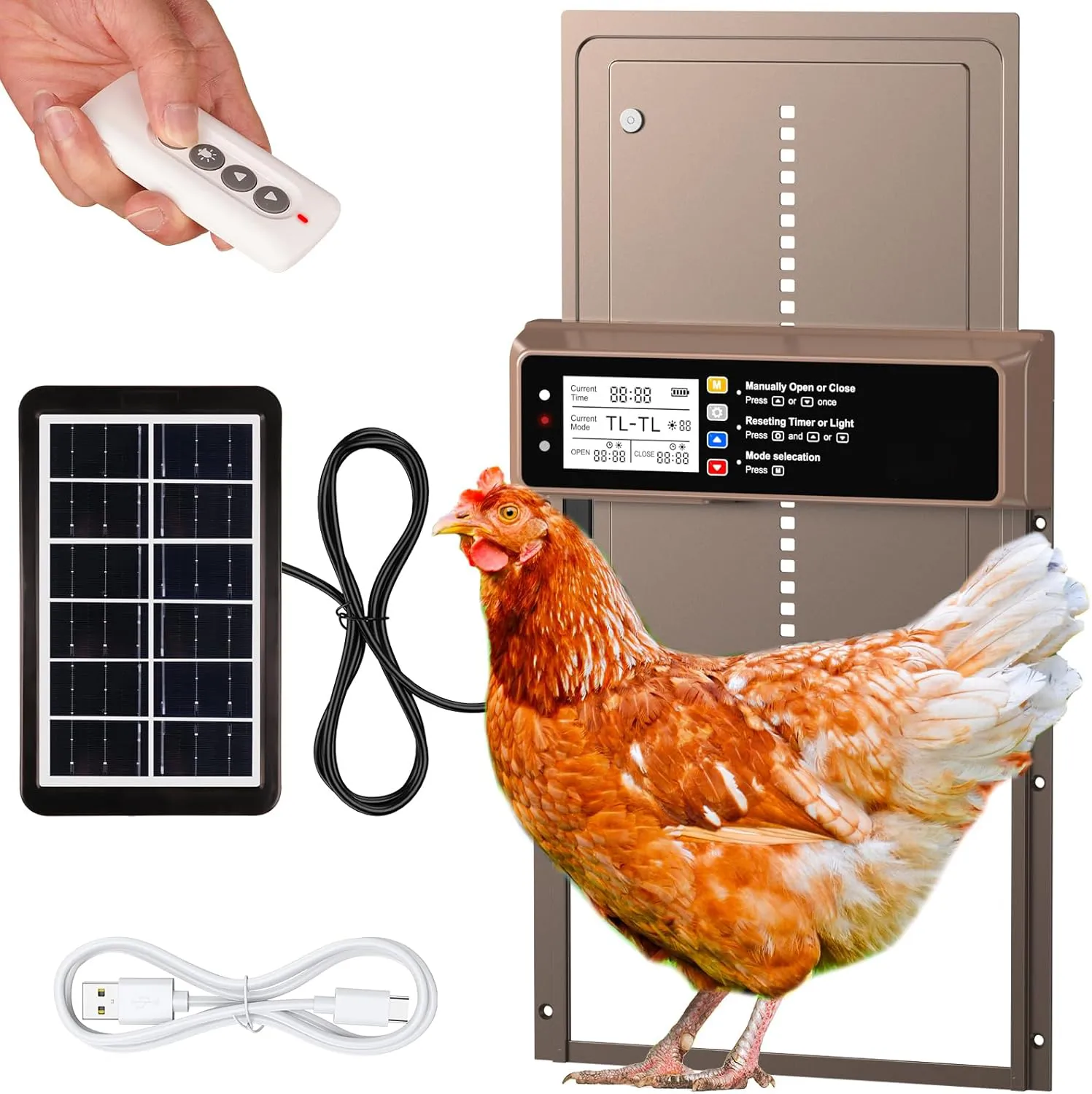 Bild von NyPots Automatische Hühnerklappe mit Solar und LCD Display, inklusive Fernbedienung und Timer, in Braun