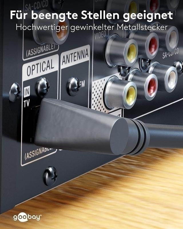 Bild von Goobay 41594 Toslink Kabel 90° (360° drehbarer Stecker), 1 Meter, Lichtwellenleiterkabel einseitig abgewinkelt, Digitales Audiokabel mit bester Audioqualität