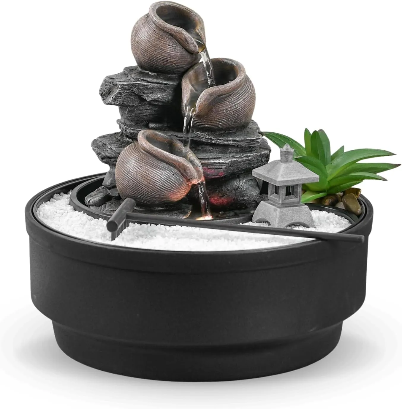 Bild von Oasis Zen'Light Zimmerbrunnen für den Garten mit Wasserfall und buntem LED-Licht, 21 cm hoch, geschlossener Kreislauf