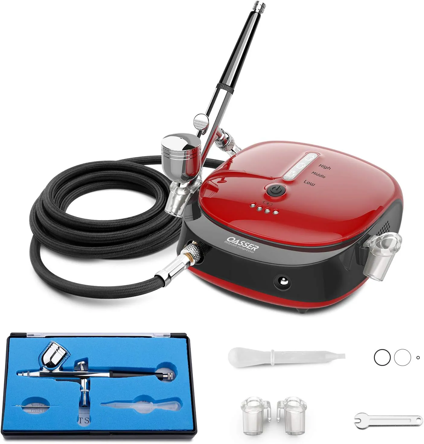 Bild von Oasser Airbrush Set mit Kompressor und Dual Action, 1000 mAh Akku, 0,3 mm Düse und 7 CC Tasse für Modellbau, Kuchen, Kosmetik und Lackierung in Rot