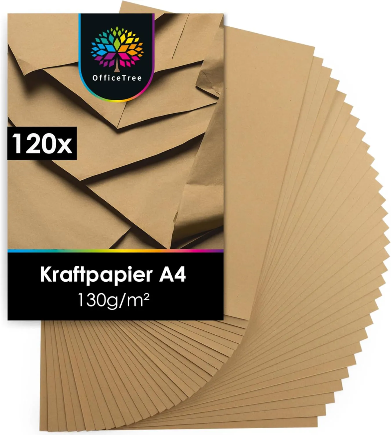 Bild von OfficeTree Kraftpapier A4 130g mit 120 Blatt für Bastelarbeiten, Einladungen und Menükarten in Braun