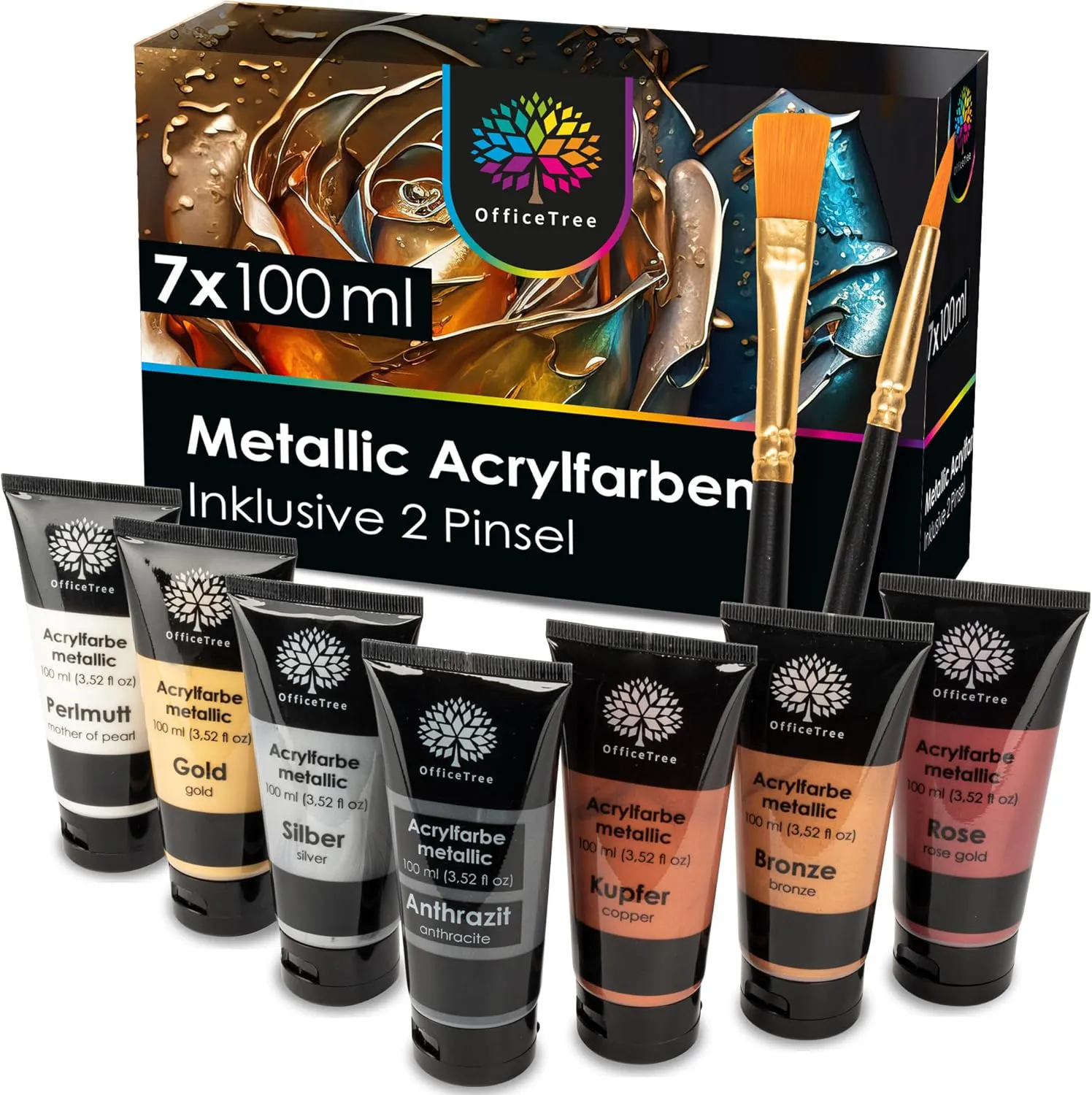 Bild von OfficeTree Metallic Acrylfarben Set mit 7 x 100 ml auf Wasserbasis für Acrylmalerei