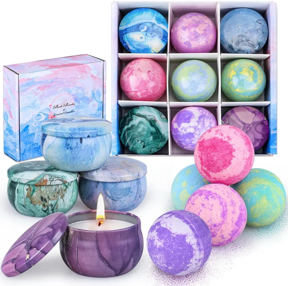 Bild von OFUN Badebomben Geschenkset mit 5 handgefertigten Badekugeln und 4 Duftkerzen, ideal für Muttertag, Valentinstag, Geburtstage und Weihnachten