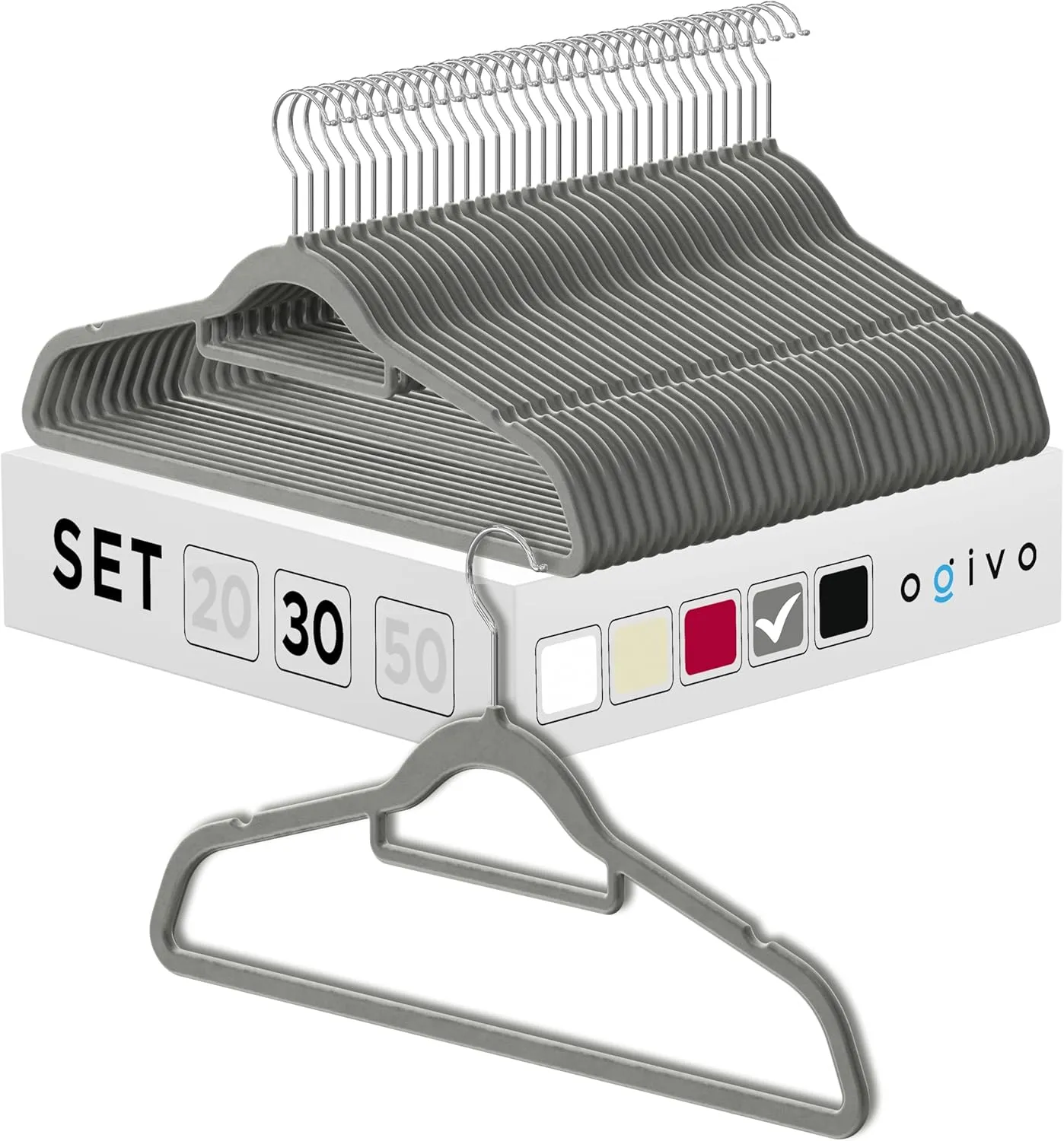 Bild von OGIVO 30er Set Samt Kleiderbügel in Grau mit rutschfestem Design und drehbaren Haken