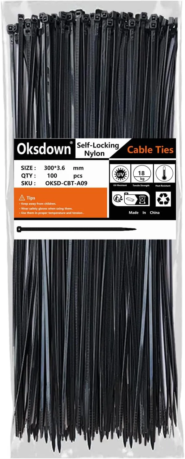 Bild von Oksdown Kabelbinder schwarz 300 mm x 3,6 mm aus Nylon, 100 Stück, UV-beständig mit einer Zugfestigkeit bis zu 18,2 kg