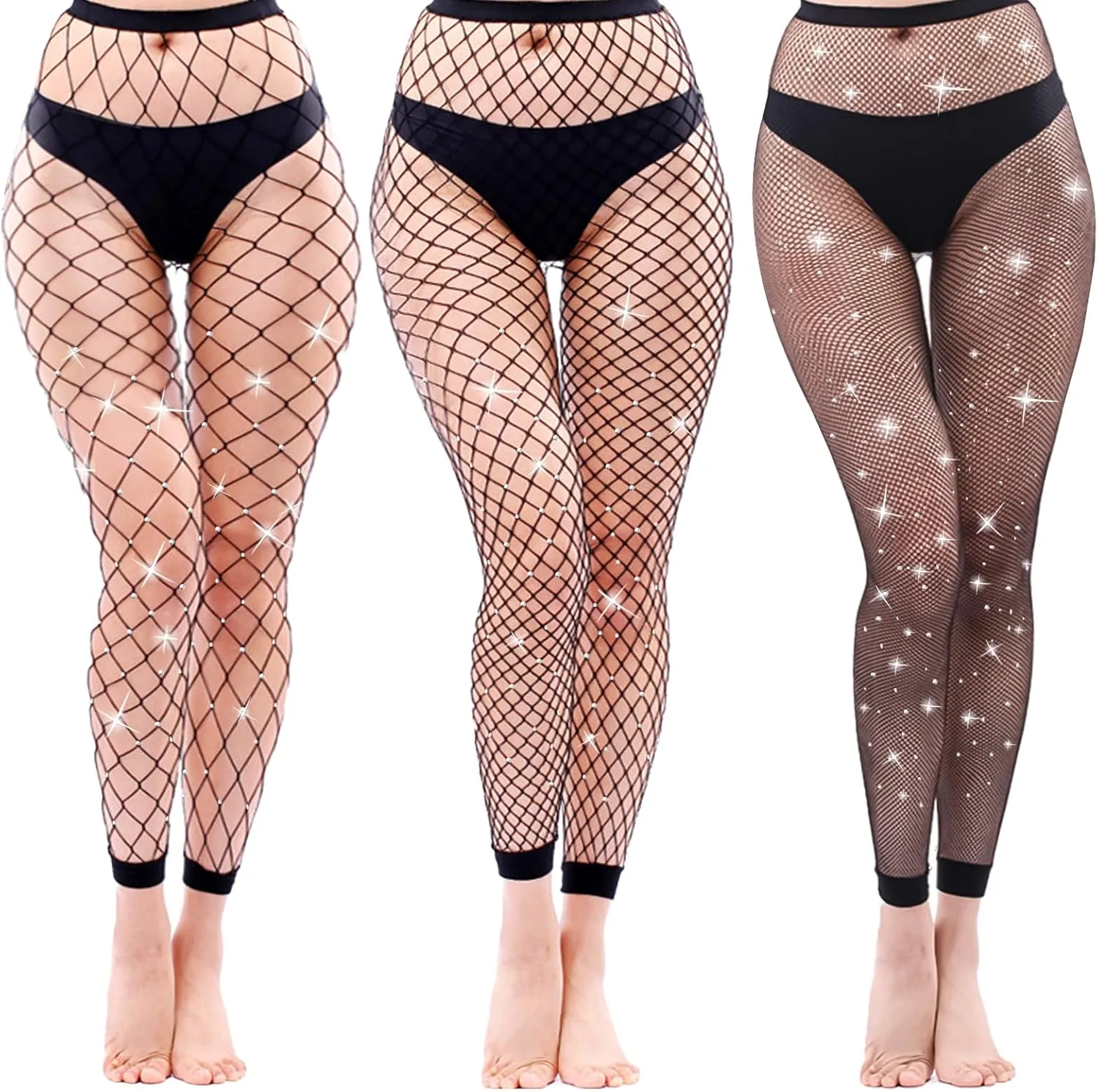 Bild von Omlalayi 3er Set glitzernde Fußlose Netzstrumpfhosen in Schwarz mit hohem Bund