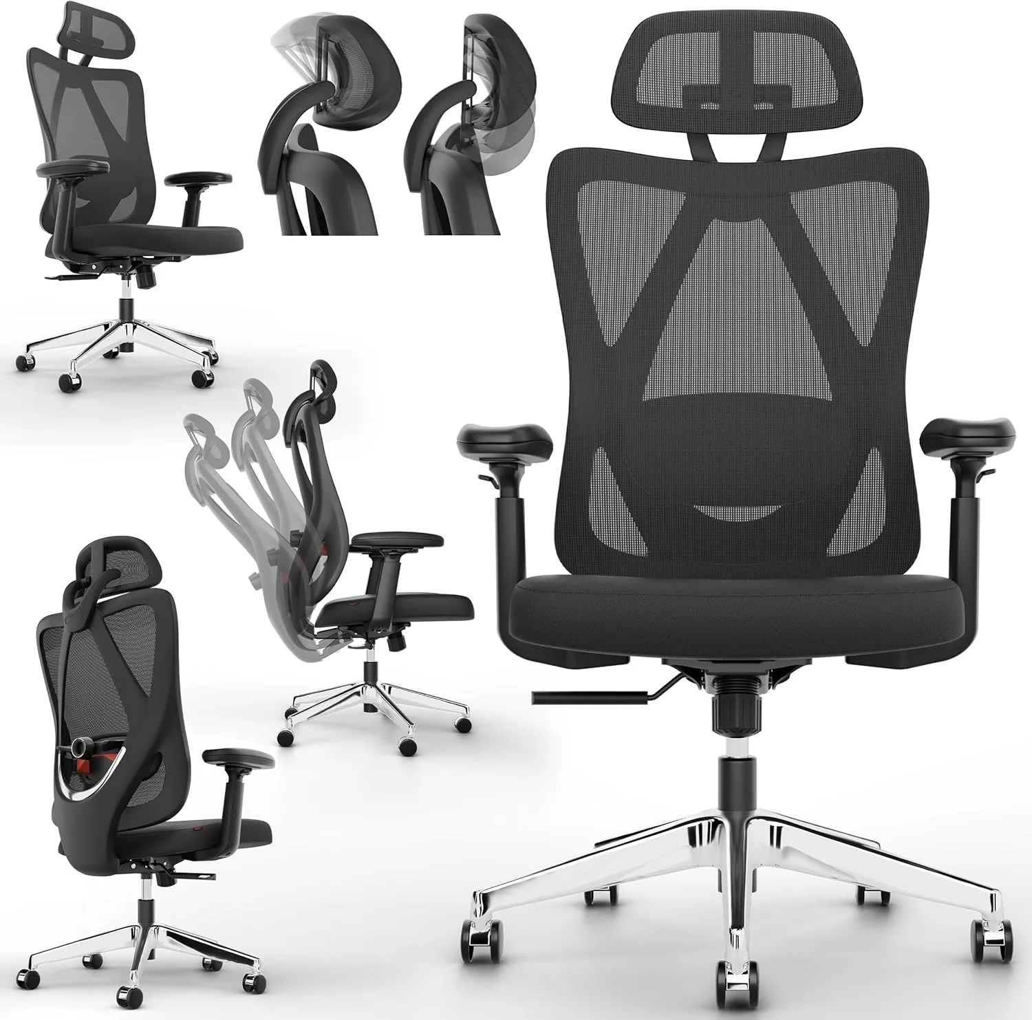 Bild von Onbest ergonomischer Premium Bürostuhl mit verstellbarer Lordosenstütze, Kopfstütze und Armlehnen, für bis zu 150 kg, mit breiter Stoff Sitzfläche und Mesh Rücken