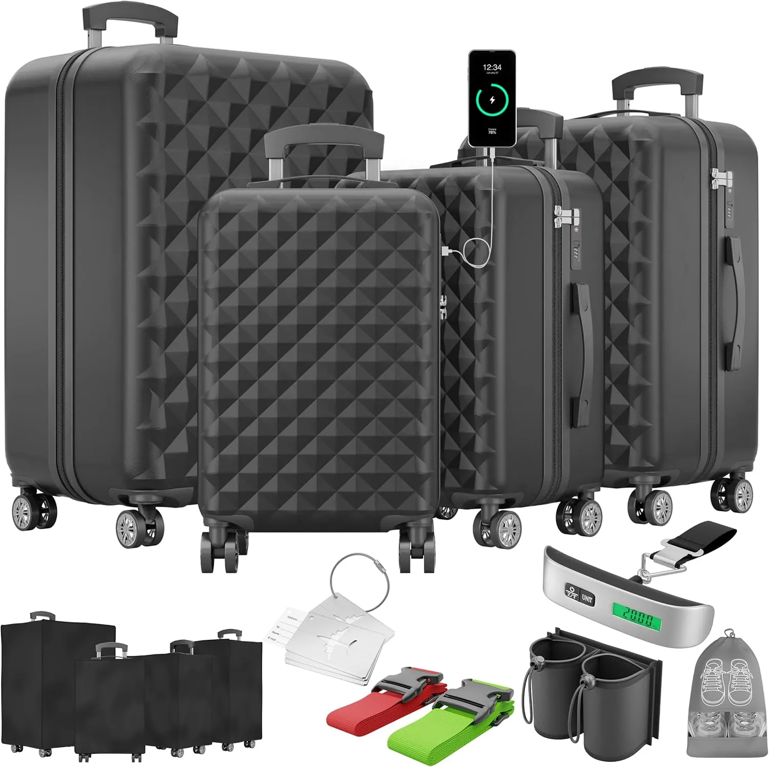 Bild von Onbest Premium Kofferset mit 4 Teilen in Schwarz, inklusive Hartschalenkoffern, TSA-Schloss, USB-Anschluss und Zubehör wie Kofferwaage und Koffergurte