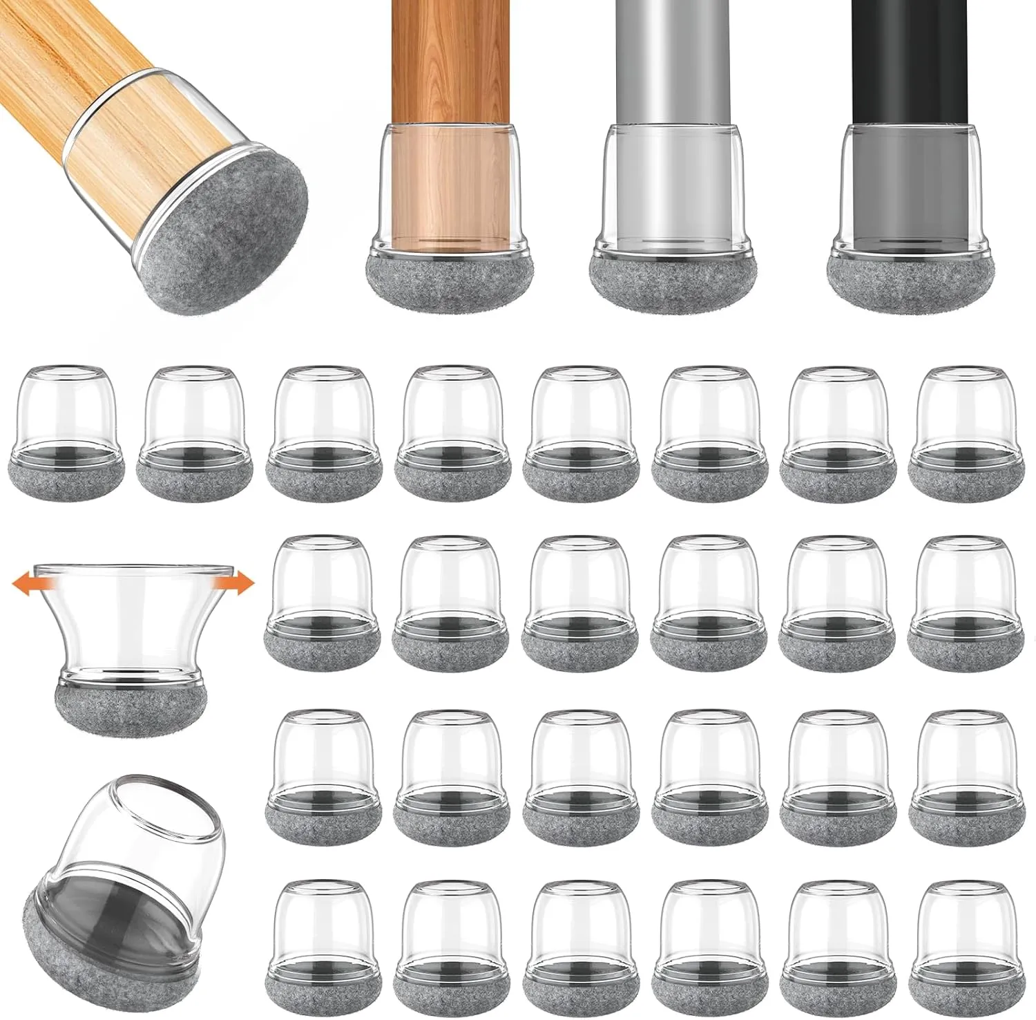 Bild von ONEBOOM 32 Stück transparente Stuhlbeinkappen mit Filzgleitern für Stuhlbeine von 19 bis 28 mm