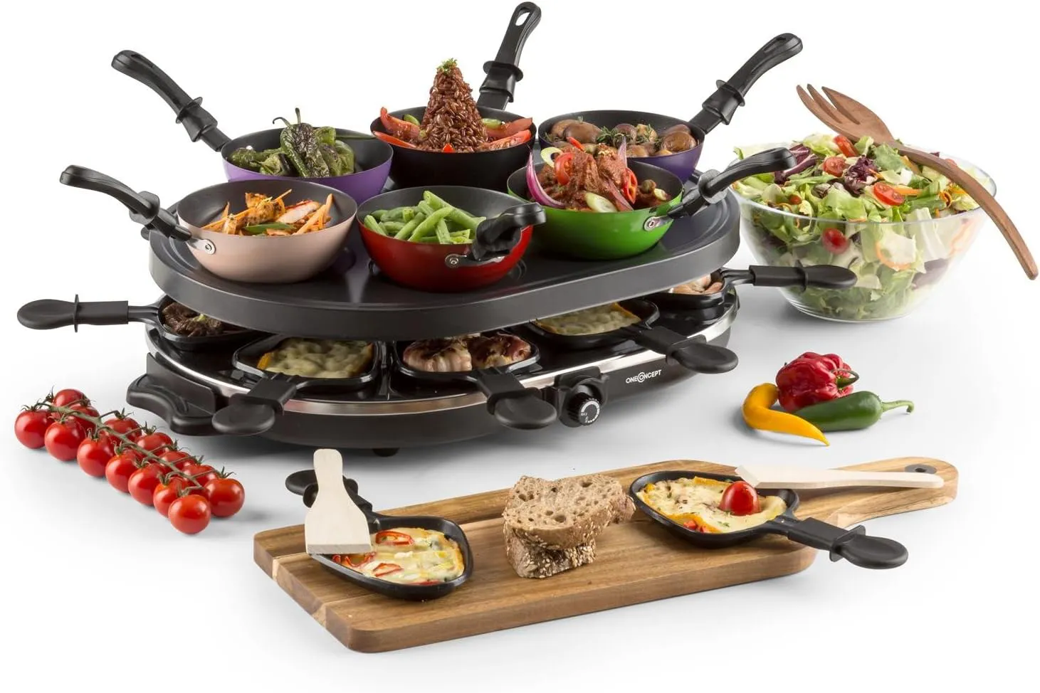 Bild von oneConcept Woklette Raclette Grill mit 1200 Watt Leistung, stufenloser Temperaturregelung, 8 Pfännchen und Holzspatel, in Schwarz