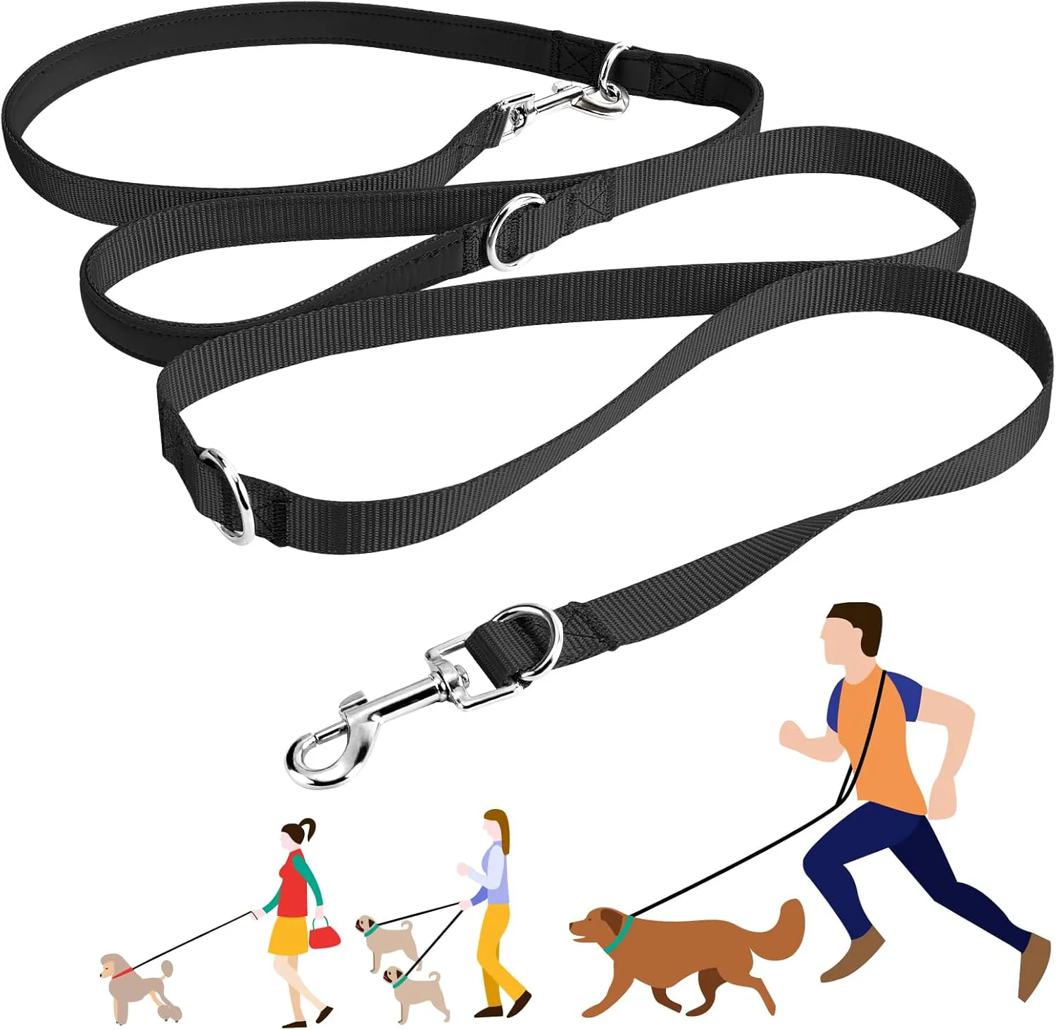 Bild von Oneisall verstellbare Freihandleine für kleine und mittelgroße Hunde, 2,5 Meter lang, aus Nylon mit zwei Karabinern in Schwarz
