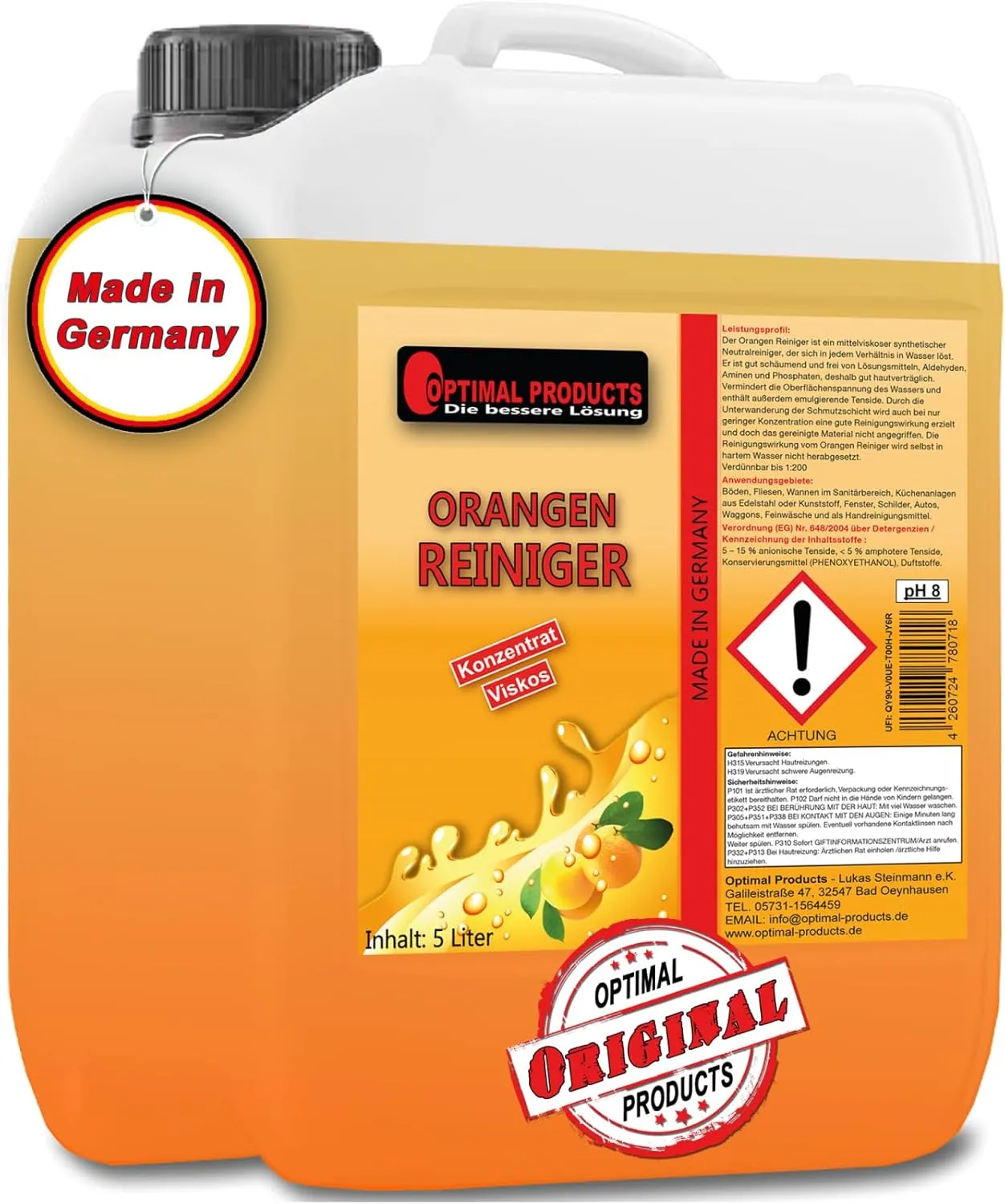 Bild von Optimal Products Orangenreiniger Konzentrat mit hoher Fettlösekraft in 5 Litern, geeignet als WC und Badreiniger