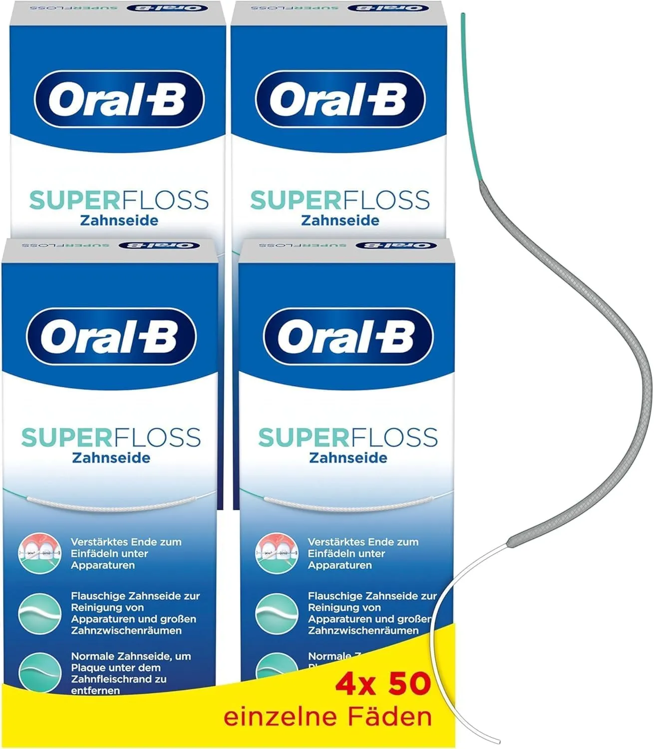 Bild von Oral-B Super Floss Zahnseide für Zahnspangen und breite Zahnzwischenräume, 4 Packungen mit je 50 vorgeschnittenen Fäden