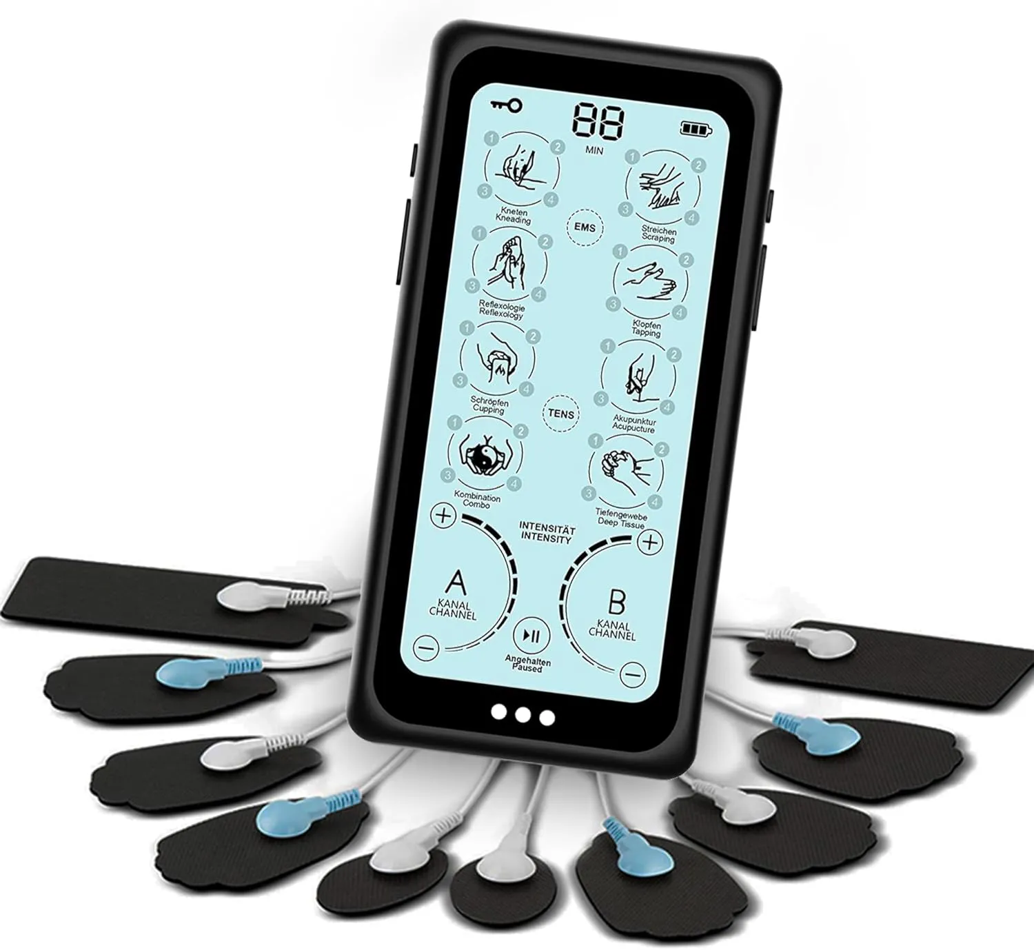 Bild von Orthomechanik TENS EMS Gerät zur Schmerzlinderung und Muskeltraining mit Massagefunktion und 8 Elektroden