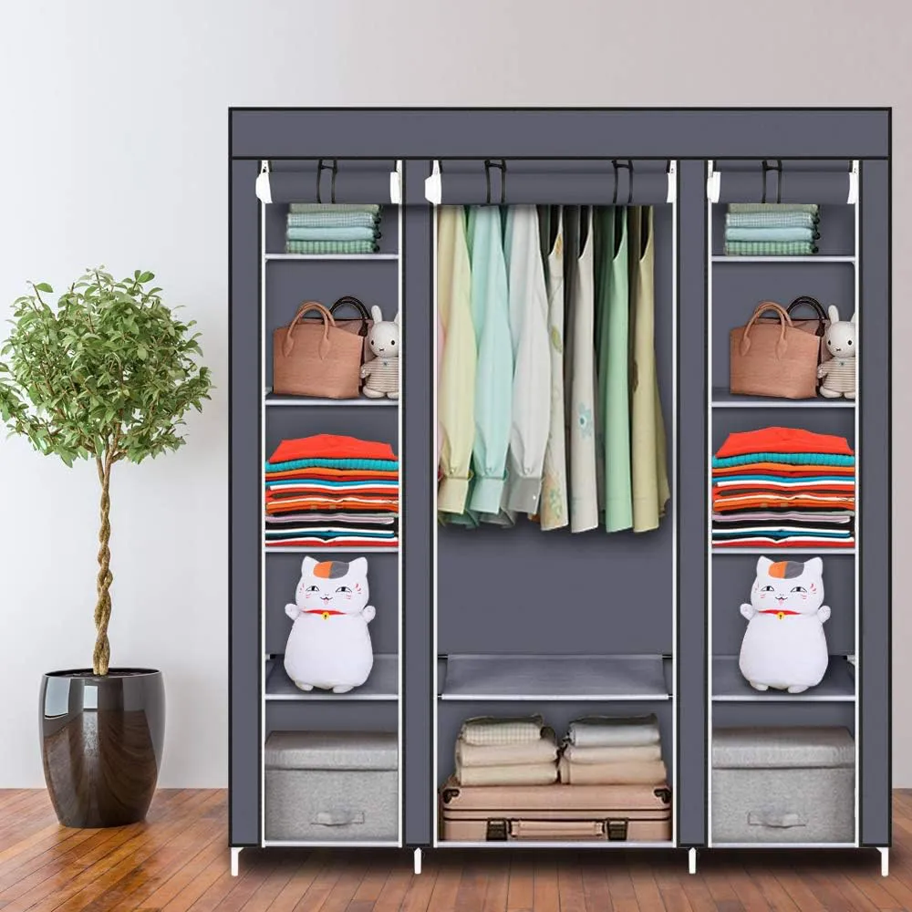 Bild von Oshion Faltbarer Kleiderschrank aus Canvas mit Reißverschluss und Kleiderstange in Grau, 150 x 45 x 175 cm