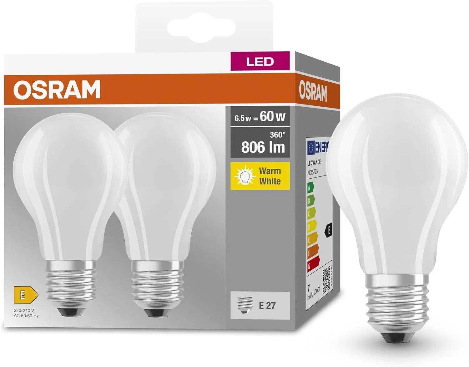 Bild von OSRAM BASE CLASSIC A GLFR 60 LED-Lampe E27 Doppelpack mit 6,5W und 806lm warmweißem Licht