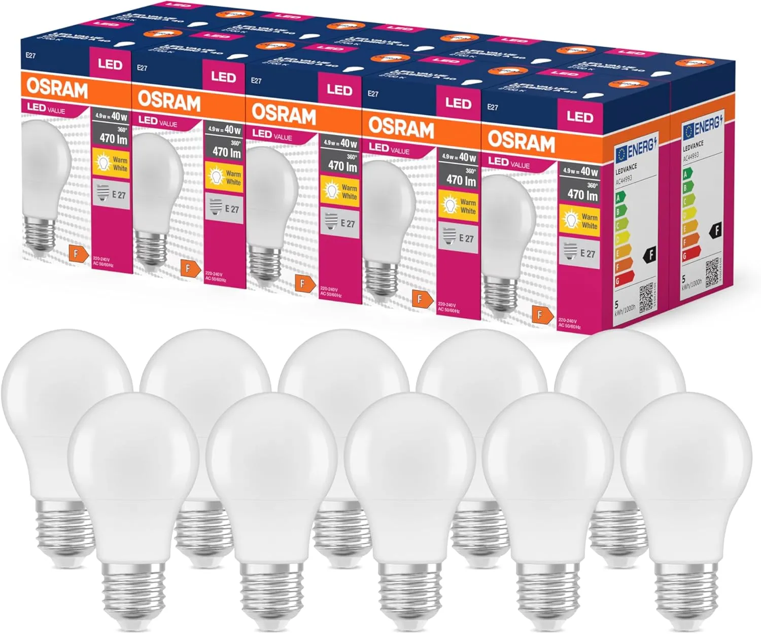 Bild von OSRAM LED Star Value Classic A40 E27 Lampe warmweiß 2700K 470 Lumen nicht dimmbar im 10er-Pack