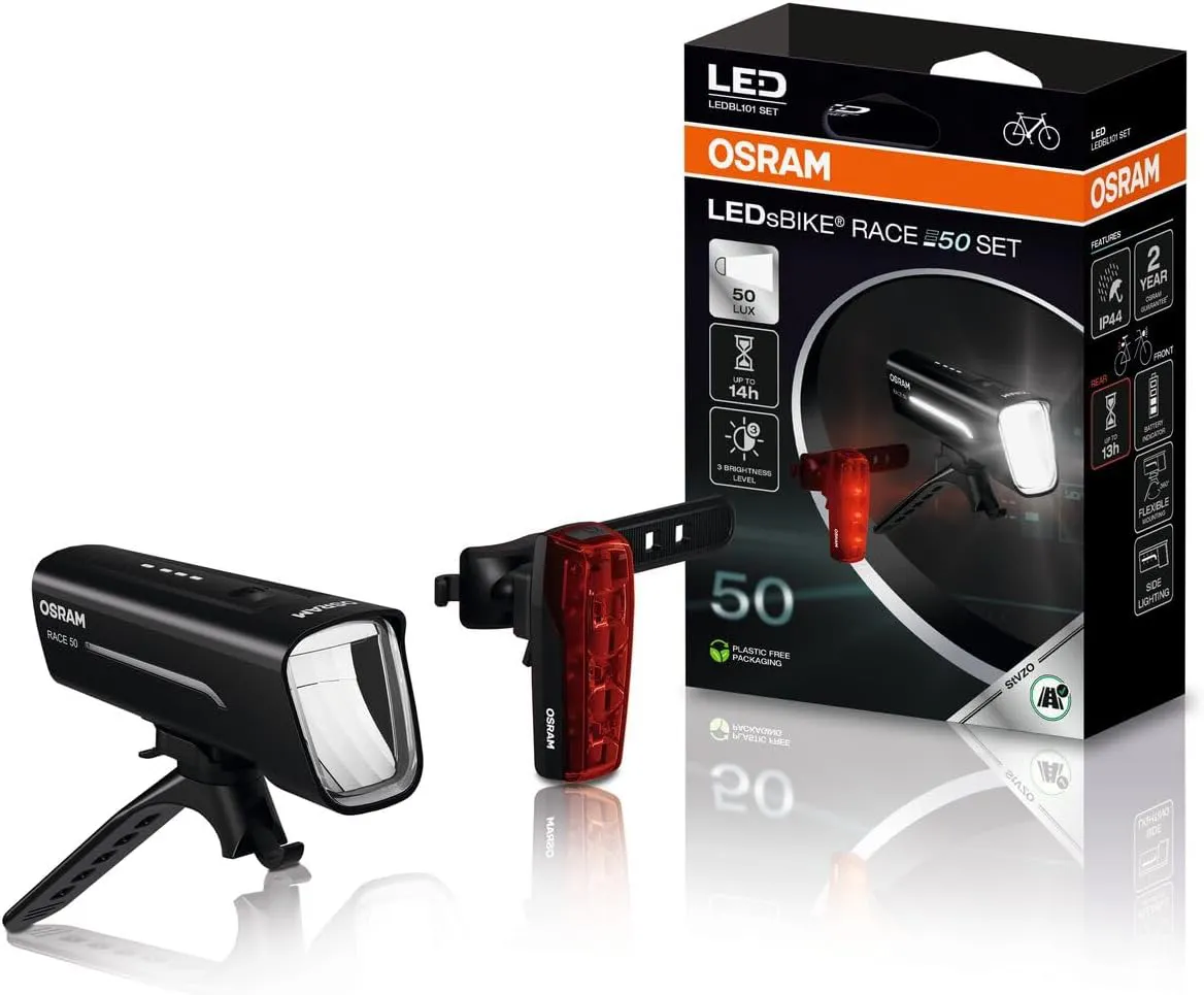 Bild von OSRAM Race 50 Fahrradlichtset mit wiederaufladbarem Front- und Rücklicht, StVZO-zugelassen, 50 Lux und drei Helligkeitsstufen