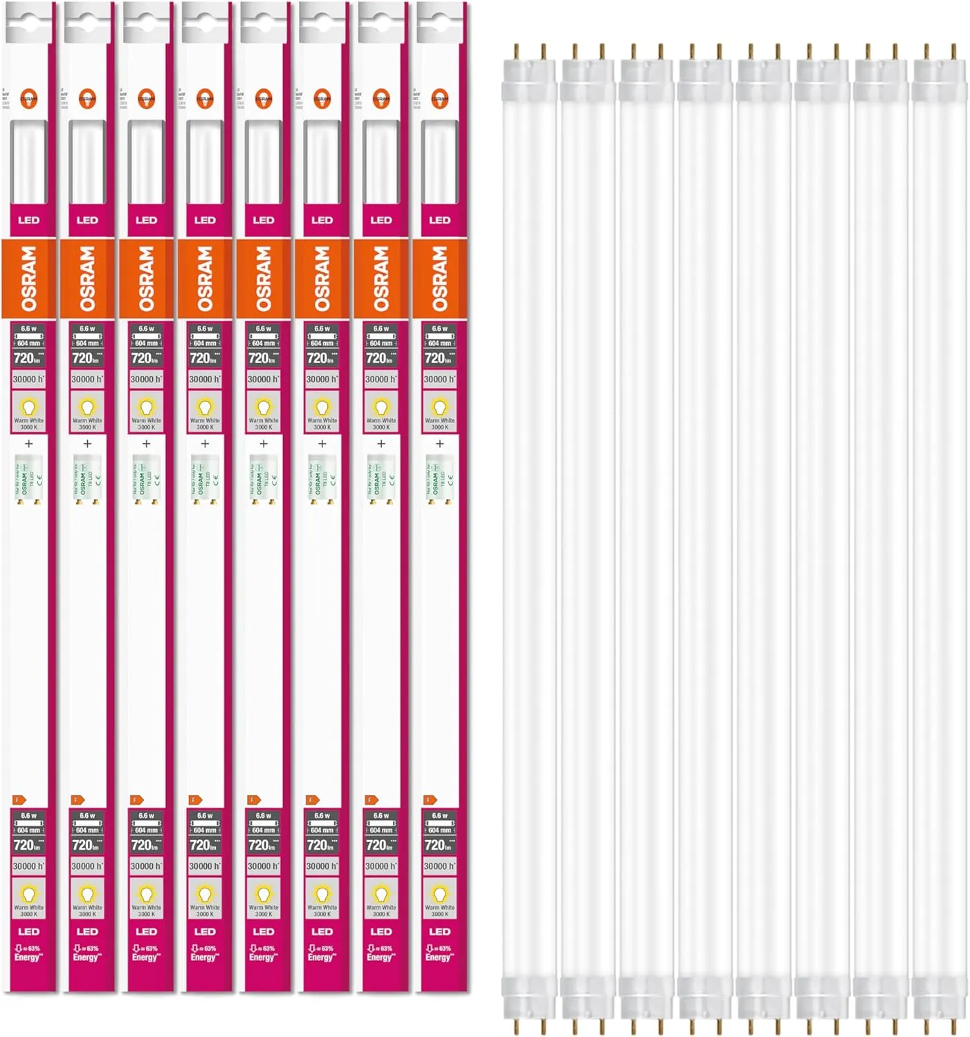 Bild von OSRAM Substitube Pure LED Röhre G13 mit 0,6 Meter Länge und warmweißem Licht im 8er-Pack