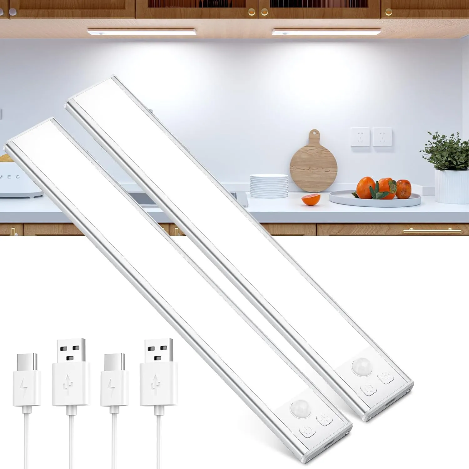 Bild von OUILA LED Unterbauleuchte mit Bewegungsmelder und USB-C, dimmbar, kabellos, 20,5 cm, 2 Stück für Küche und Kleiderschrank