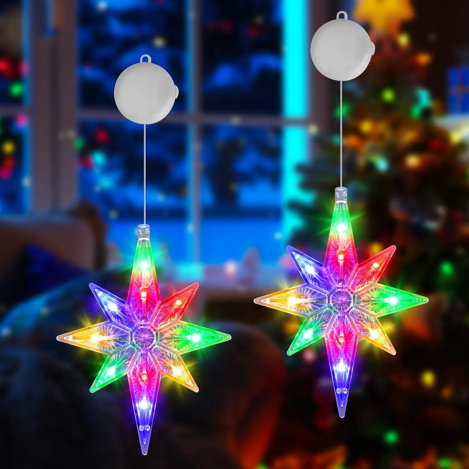 Bild von OUILA RGB Weihnachtslichterkette mit LED Sternen und Timer für Fensterdekoration
