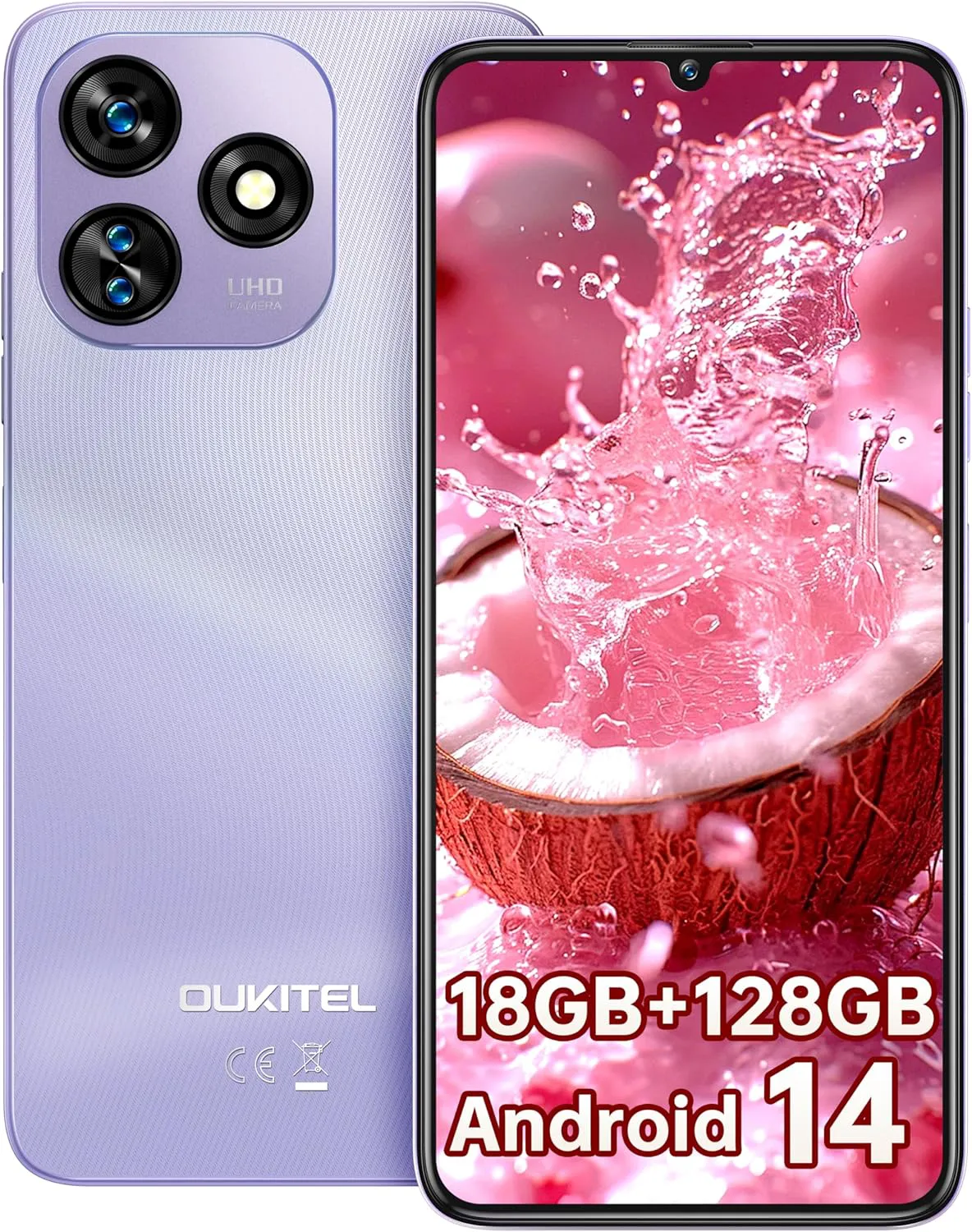 Bild von OUKITEL C51 Smartphone mit 18 GB RAM und 128 GB Speicher, 6,8 Zoll 90 Hz Display, Android 13, 5150 mAh Akku, 13 MP und 5 MP Kamera, Gesichtserkennung, Fingerabdrucksensor, GPS, Dual SIM, violett