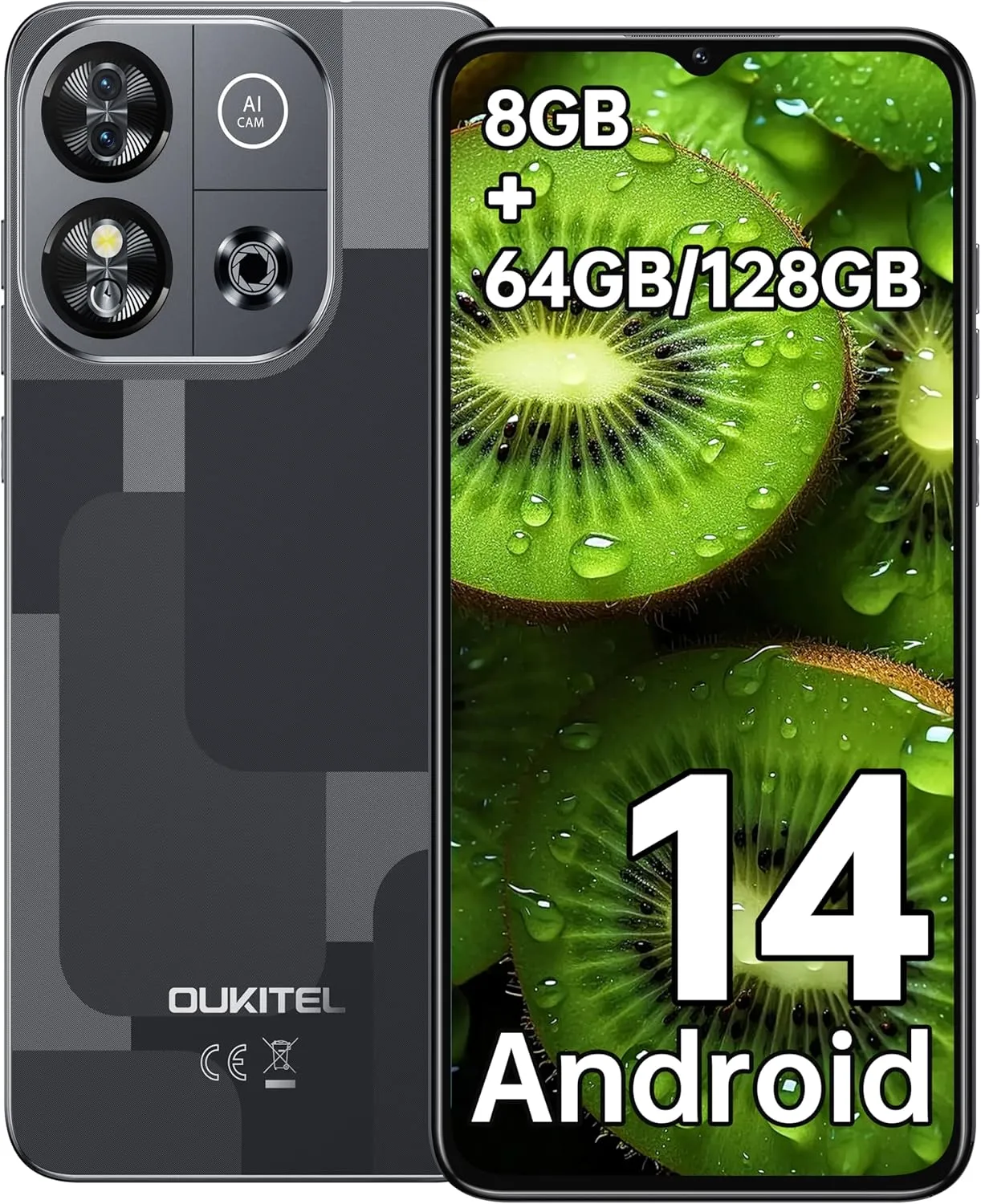 Bild von OUKITEL C57S Smartphone mit Android 14, 6,52 Zoll HD+, Octa-Core, 8 GB RAM und 64 oder 128 GB Speicher, 4300 mAh, 4G, simlockfrei, in Schwarz, 2 Jahre Garantie