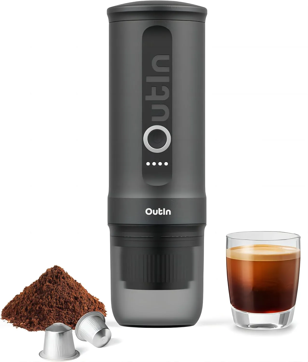 Bild von Outin tragbare elektrische Espressomaschine für Camping mit USB-C und Kompatibilität für gemahlenen Kaffee und Nespresso Kapseln