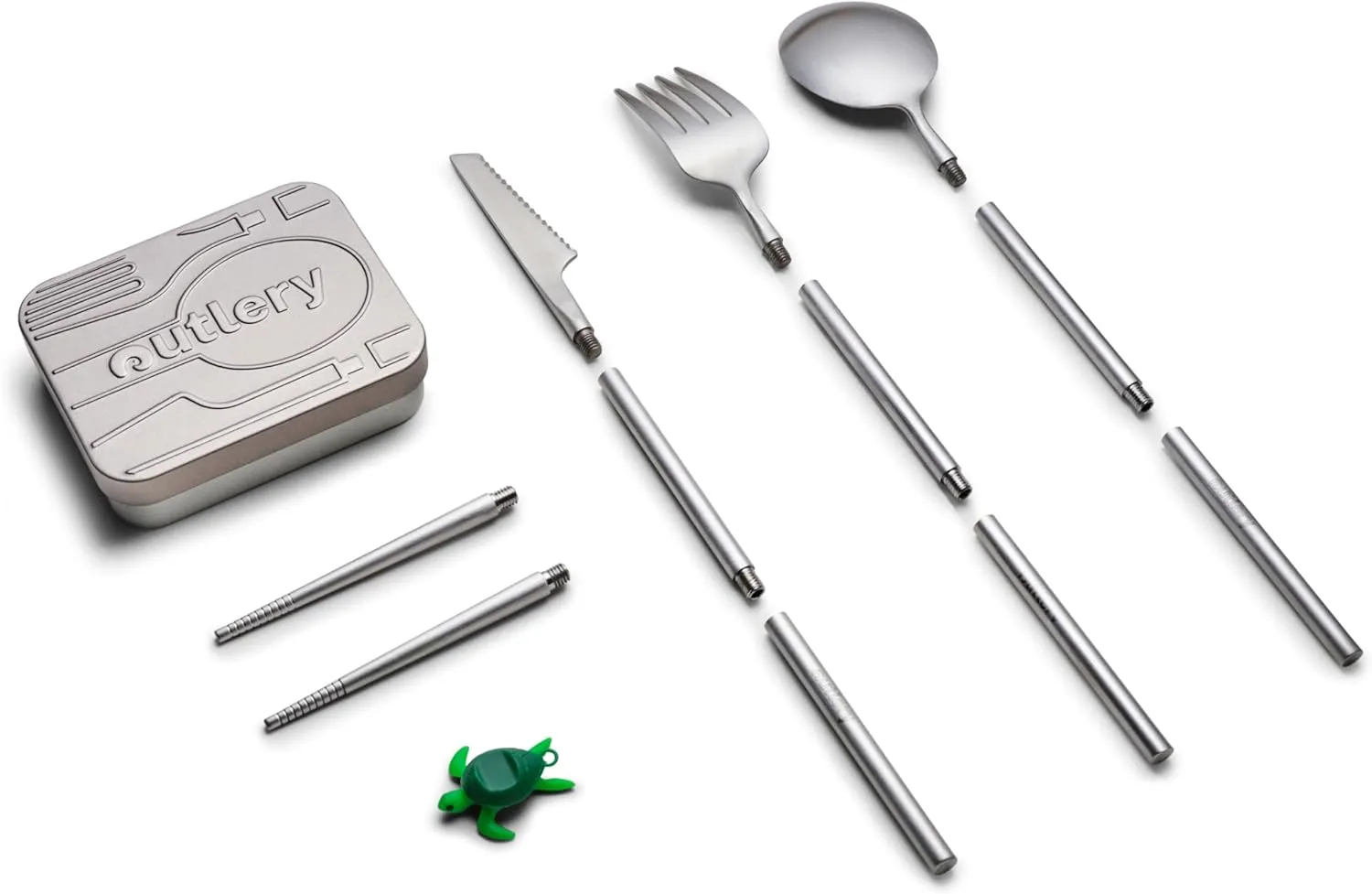 Bild von Outlery Reisebesteckset für 1 Person im Hosentaschenformat aus spülmaschinengeeignetem Edelstahl, inklusive Essstäbchen und Etui, ideal für Picknick und unterwegs
