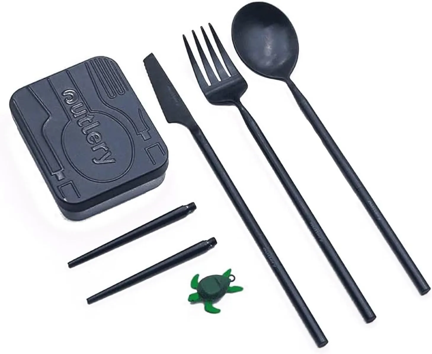 Bild von Outlery Reisebesteckset für 1 Person in Walblau, spülmaschinengeeignet und leicht zu reinigen, inklusive Essstäbchen und Etui im Hosentaschenformat