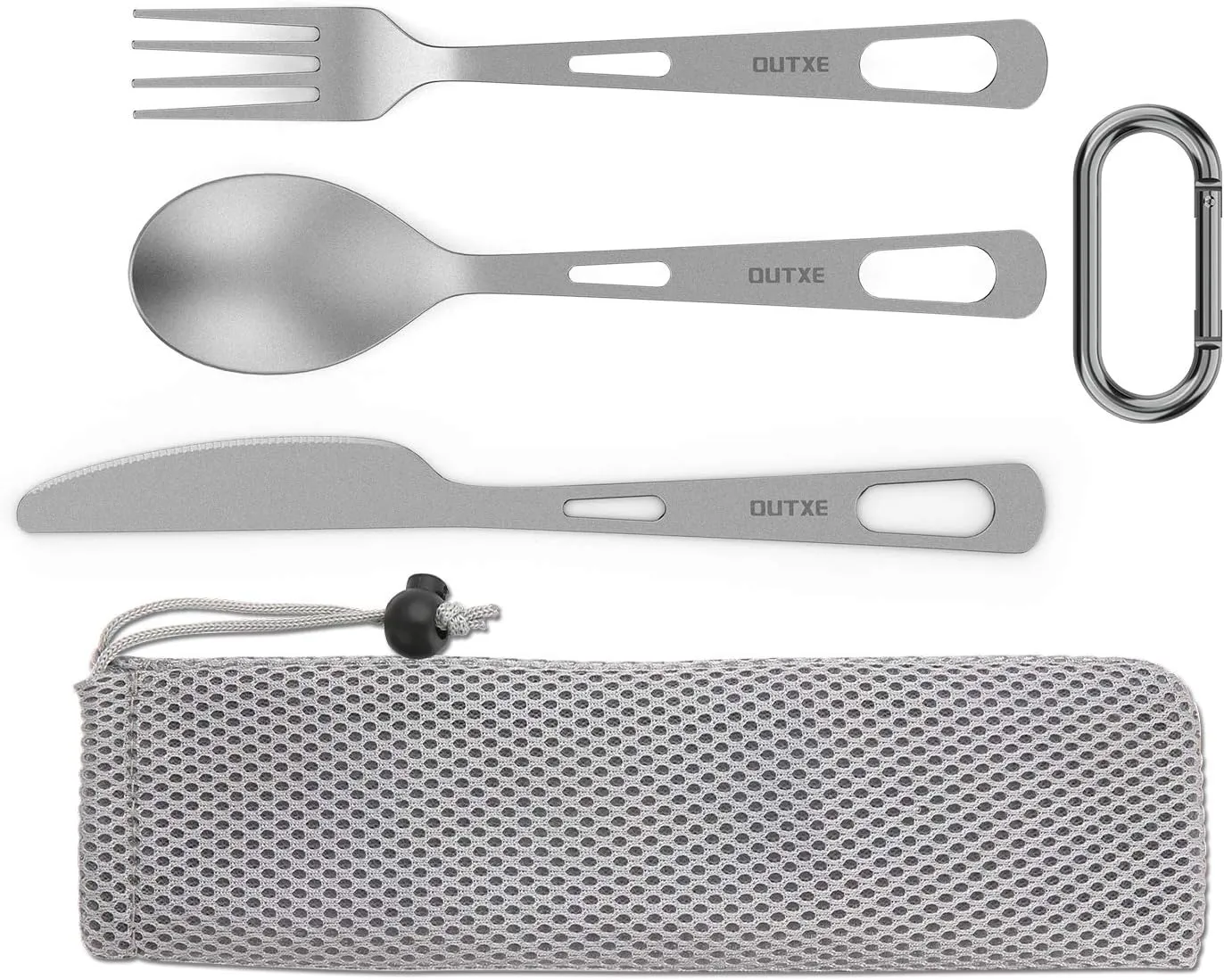 Bild von OUTXE Titanium Camping Utensilien Set mit 3 Teilen inklusive Löffel, Gabel und Messer in praktischer Tasche
