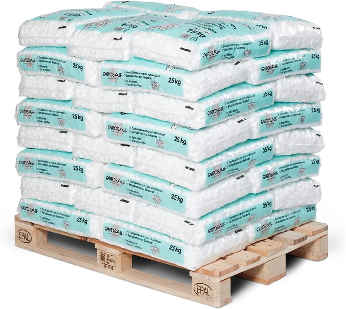 Bild von Palette mit 1000 kg Salztabletten für Wasserenthärtungsanlagen und Schwimmbäder, geliefert in 40 Säcken à 25 kg