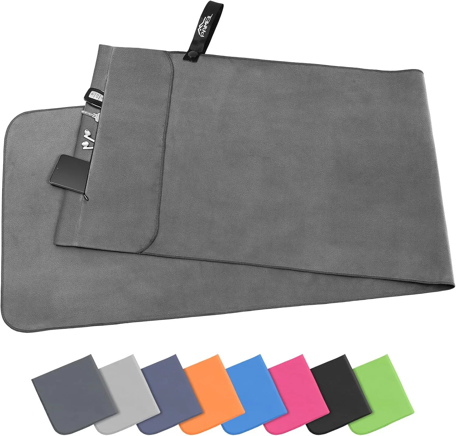 Bild von Pameil Fitness Handtuch mit Reißverschlusstasche in 120 x 50 cm, kompaktes und schnelltrocknendes Mikrofaserhandtuch für das Fitnessstudio und Reisen