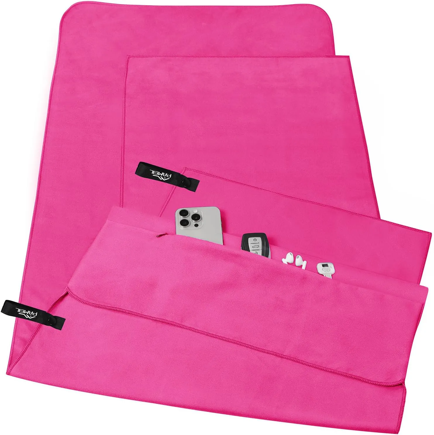 Bild von Pameil Fitness Handtuch Set mit 2 Mikrofaser Handtüchern in den Größen 120x50 cm und 80x40 cm, inklusive Reißverschlusstasche