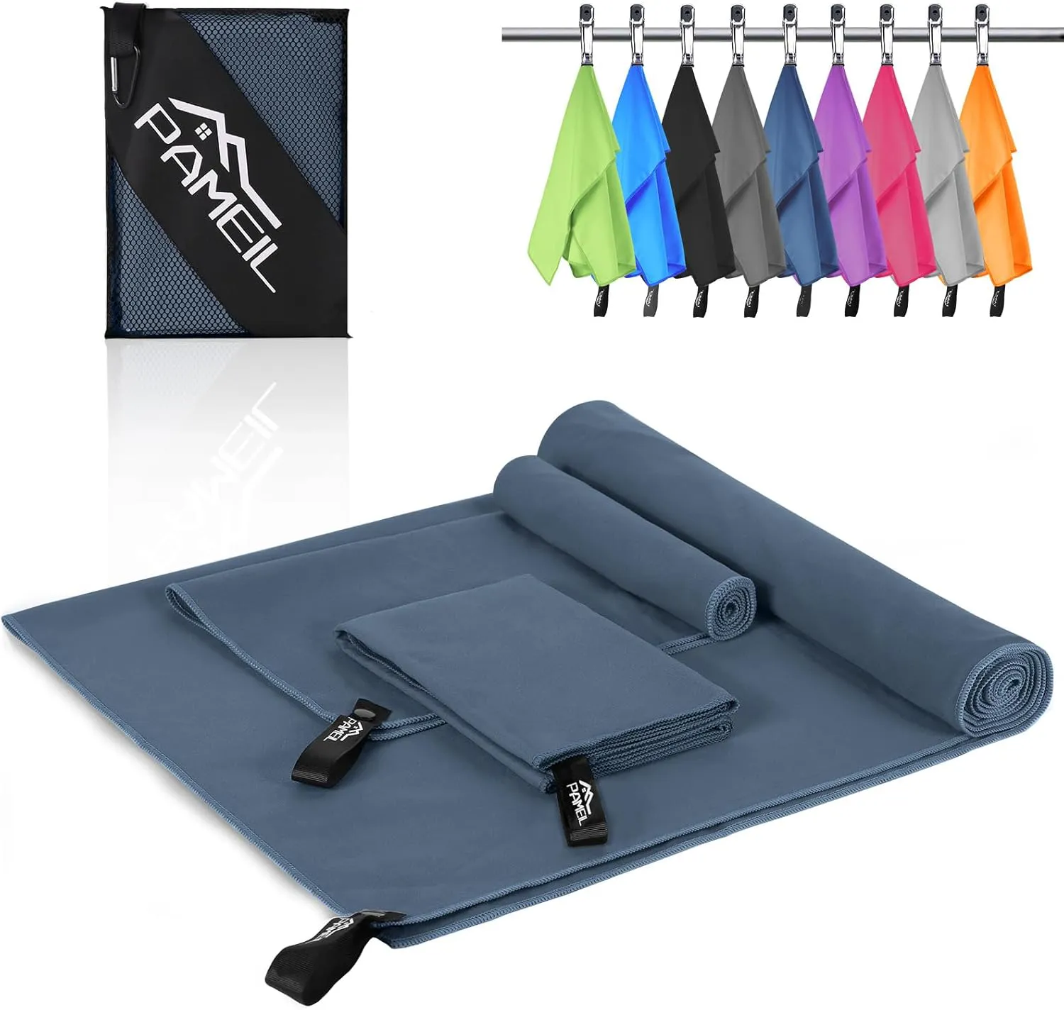 Bild von Pameil Mikrofaser Handtuch Set mit 3 Teilen, einem großen Badetuch und zwei kleinen Handtüchern, schnelltrocknend und ideal für Fitness und Sauna